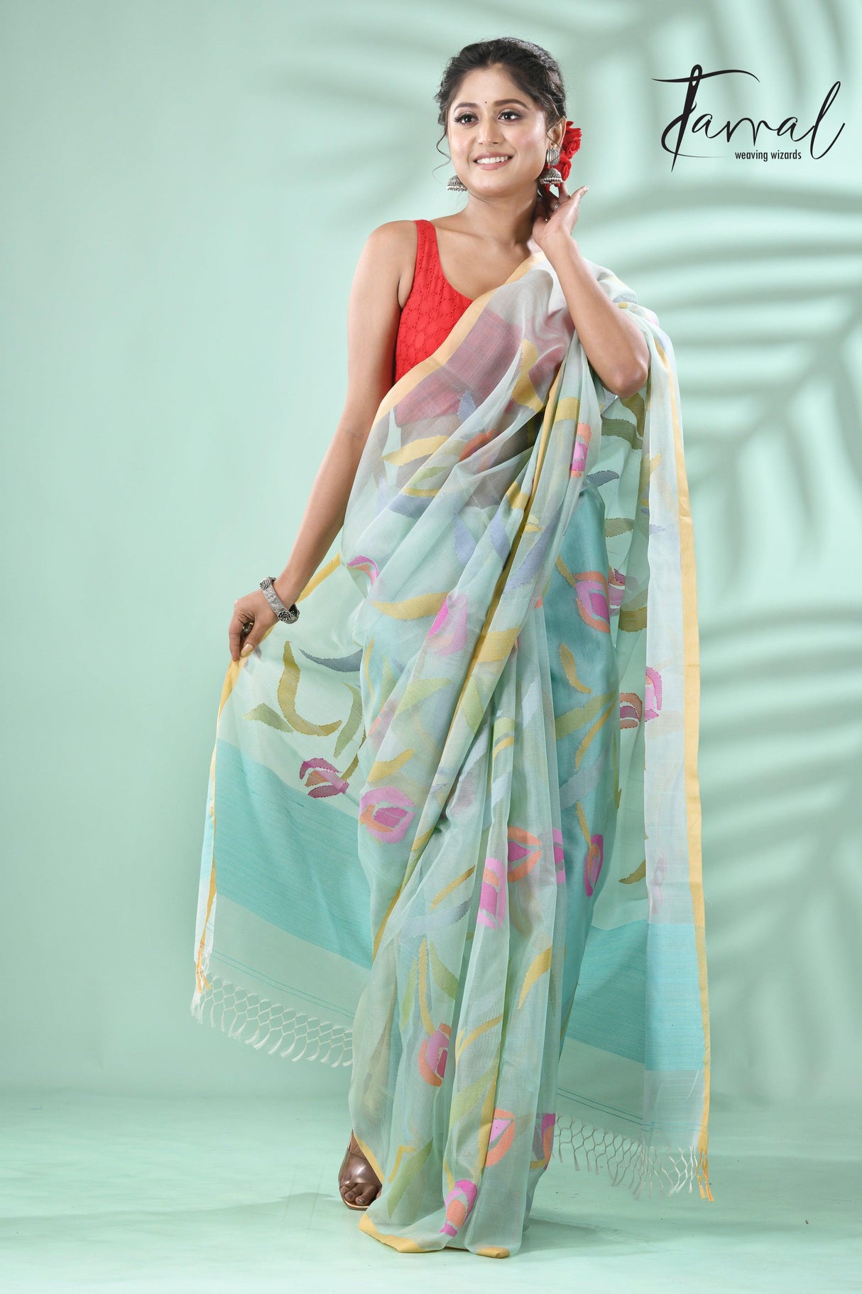 Dust sky tulip buds allover muslin silk handwoven jamdani saree - Tamal Boutique