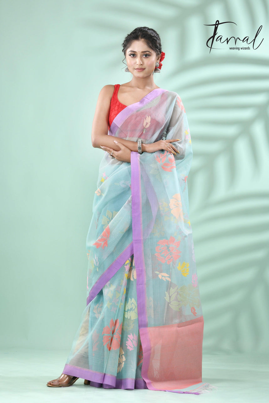 Light sky blue with lavender border allover myriad flowers handwoven muslin silk jamdani saree - Tamal Boutique