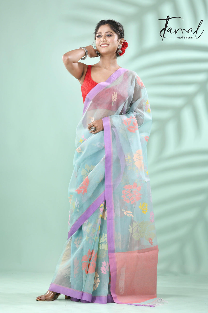 Light sky blue with lavender border allover myriad flowers handwoven muslin silk jamdani saree - Tamal Boutique