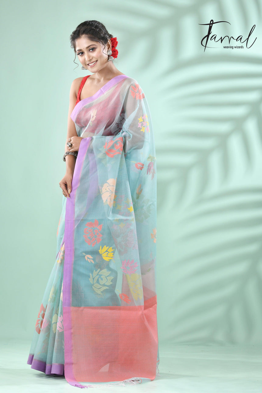 Light sky blue with lavender border allover myriad flowers handwoven muslin silk jamdani saree - Tamal Boutique