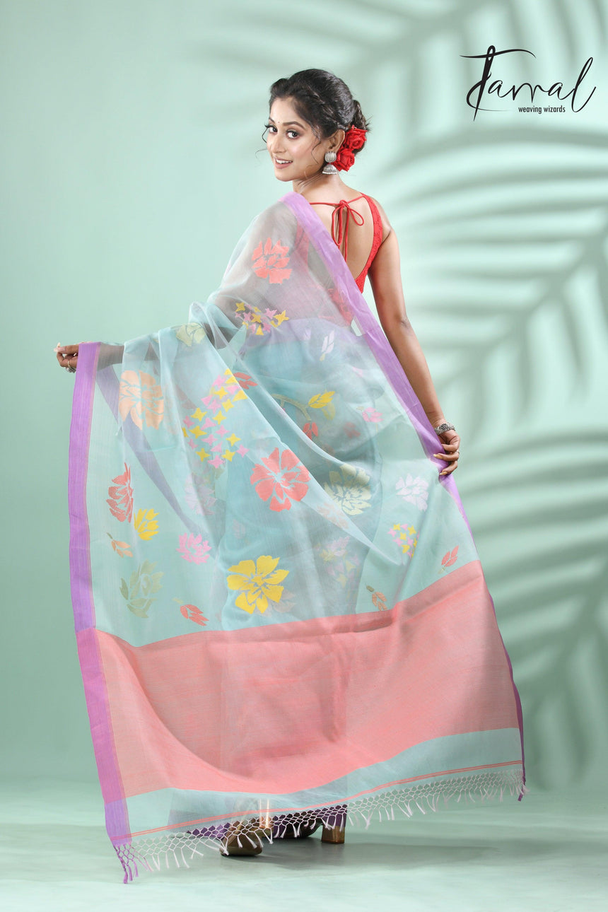 Light sky blue with lavender border allover myriad flowers handwoven muslin silk jamdani saree - Tamal Boutique