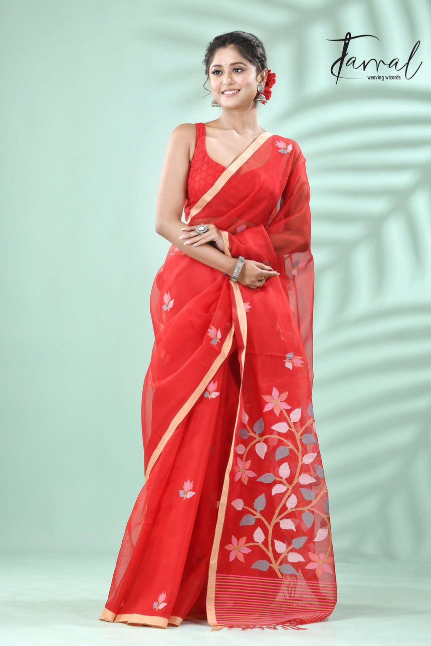 Red with muga colour border floral pallu butas muslin silk handwoven jamdani saree - Tamal Boutique