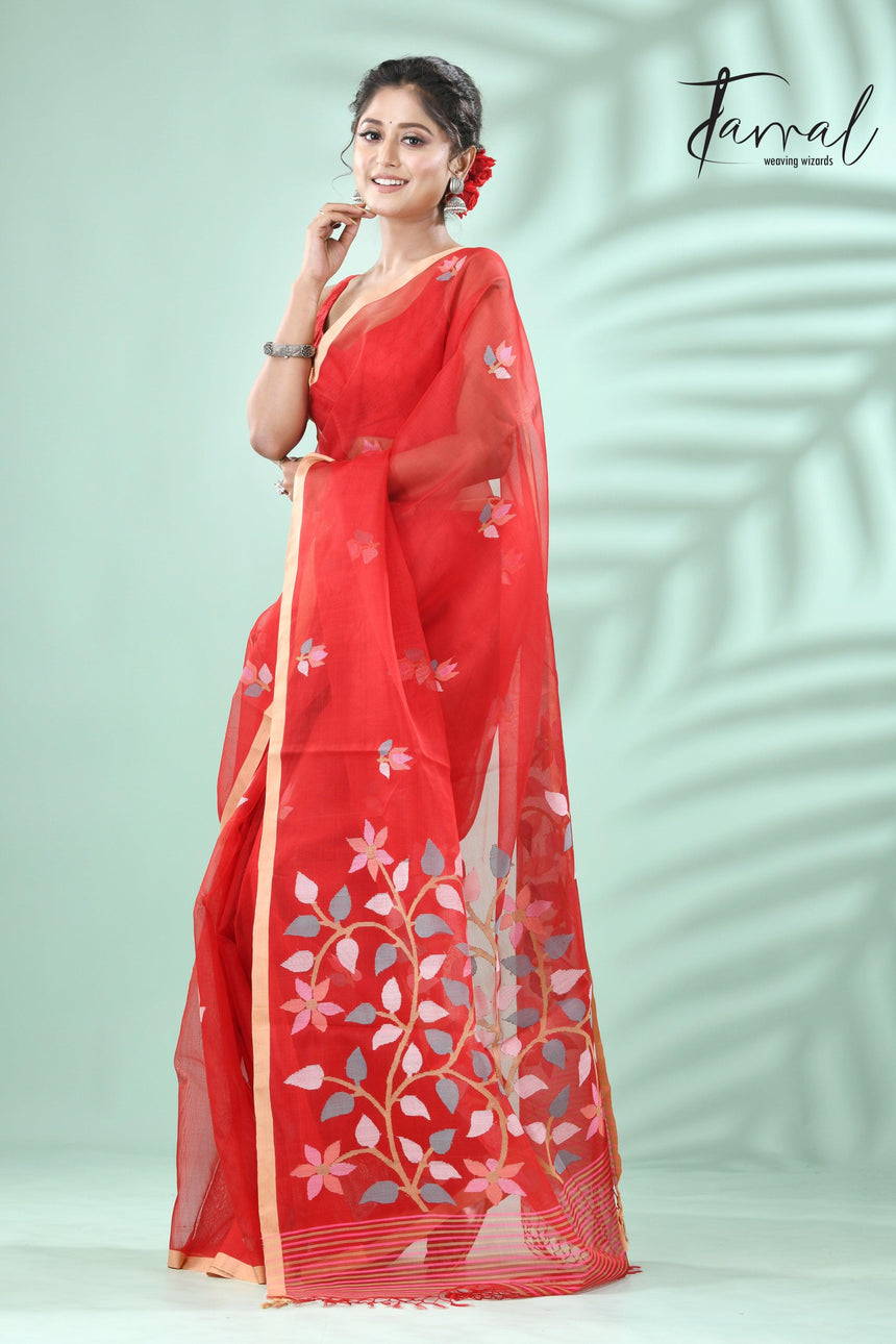 Red with muga colour border floral pallu butas muslin silk handwoven jamdani saree - Tamal Boutique
