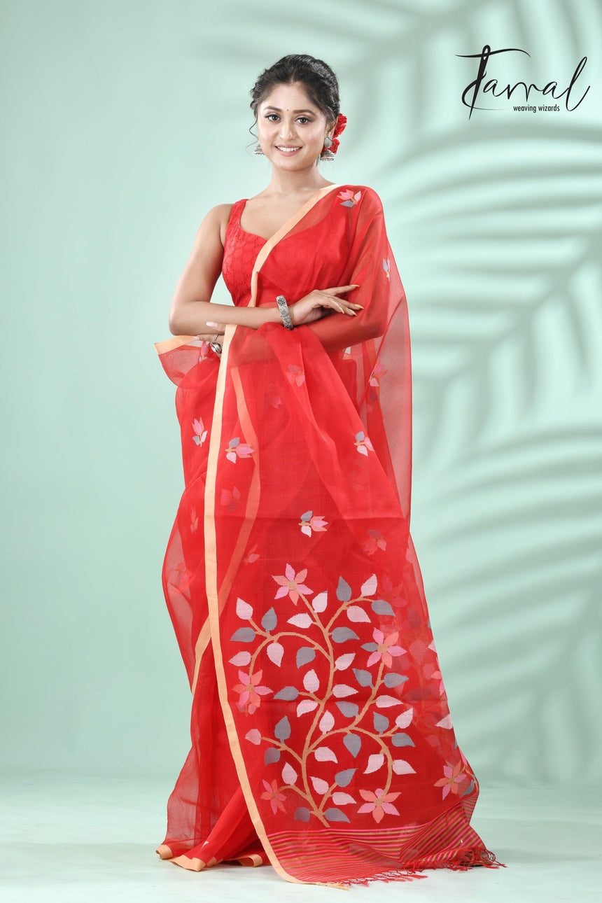 Red with muga colour border floral pallu butas muslin silk handwoven jamdani saree - Tamal Boutique