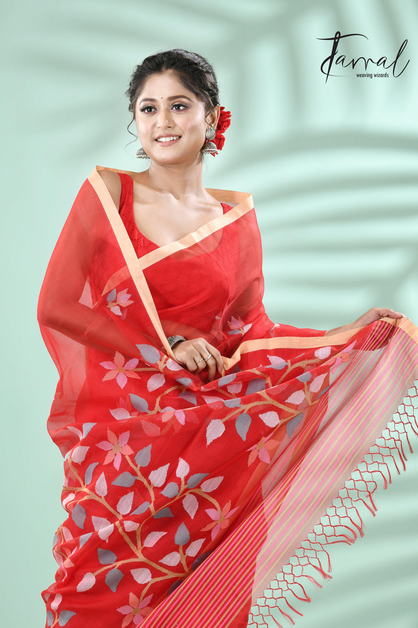 Red with muga colour border floral pallu butas muslin silk handwoven jamdani saree - Tamal Boutique