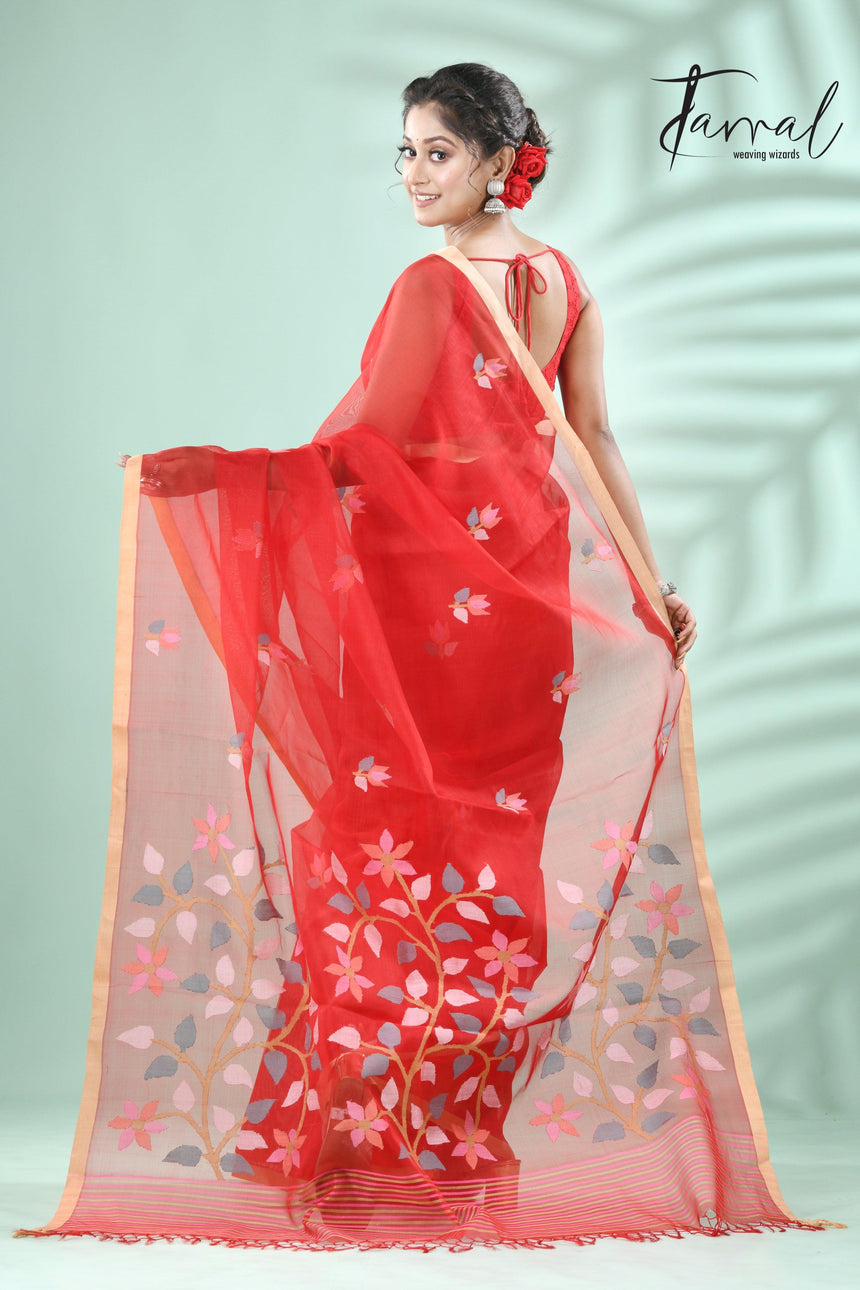 Red with muga colour border floral pallu butas muslin silk handwoven jamdani saree - Tamal Boutique