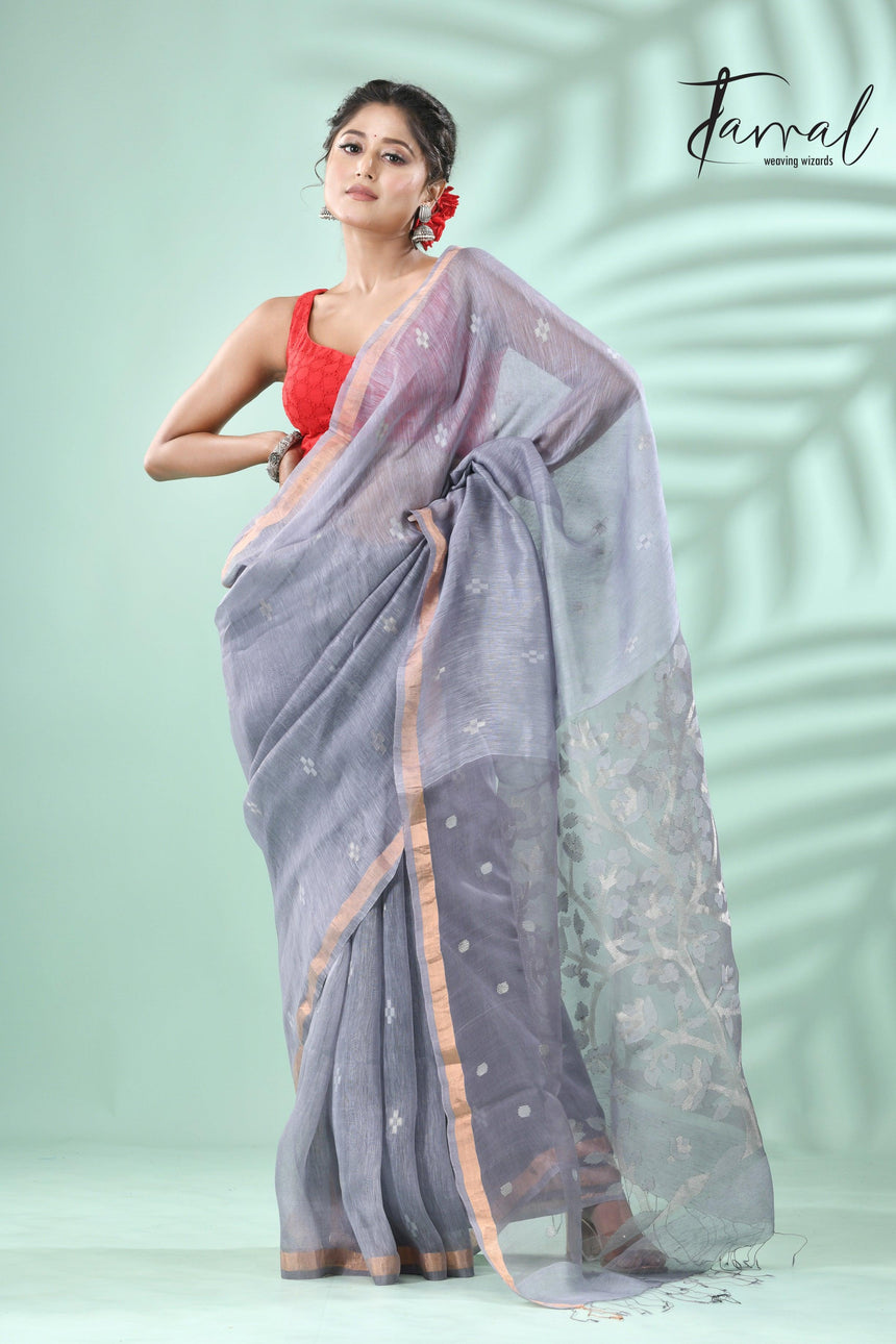 Grey with silver zari silk linen tree pallu handwoven jamdani saree - Tamal Boutique