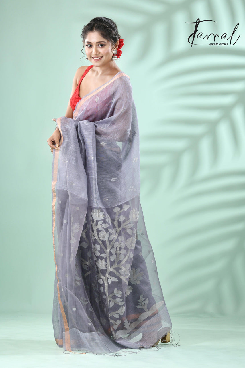 Grey with silver zari silk linen tree pallu handwoven jamdani saree - Tamal Boutique