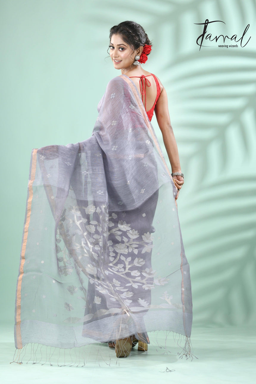 Grey with silver zari silk linen tree pallu handwoven jamdani saree - Tamal Boutique