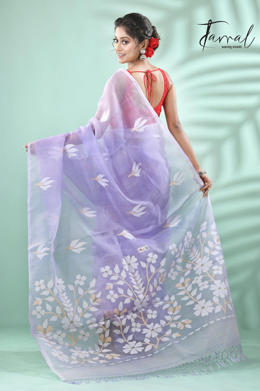 Lavender with white floral buta handwoven muslin silk jamdani saree - Tamal Boutique