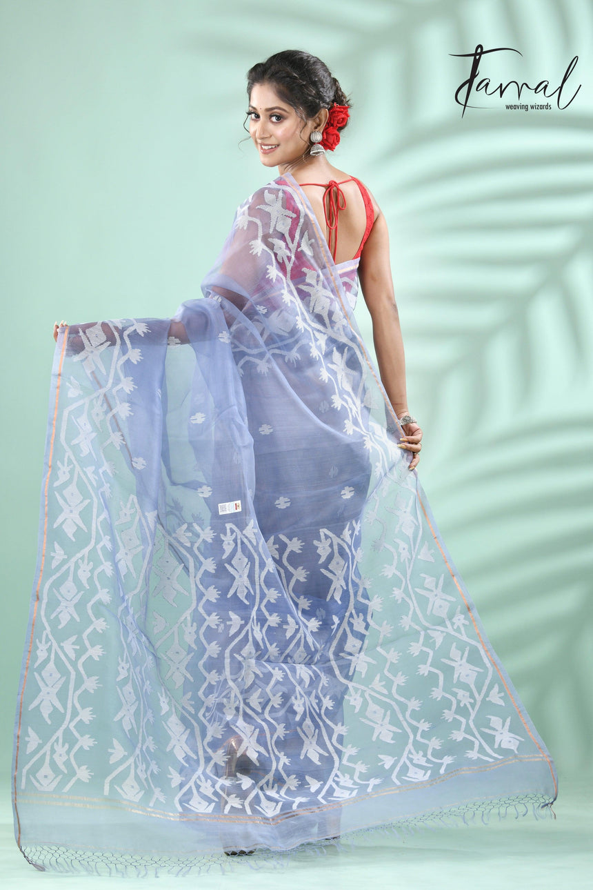 Powder Blue traditional handwoven muslin silk dhakai jamdani saree - Tamal Boutique