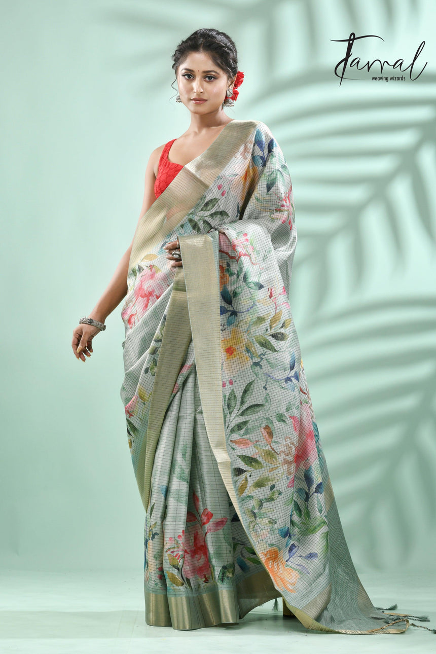 Pista Green with zari border tusser cotton floral hand painted zari check saree - Tamal Boutique