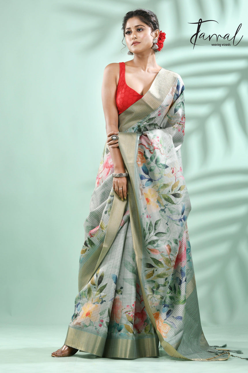 Pista Green with zari border tusser cotton floral hand painted zari check saree - Tamal Boutique