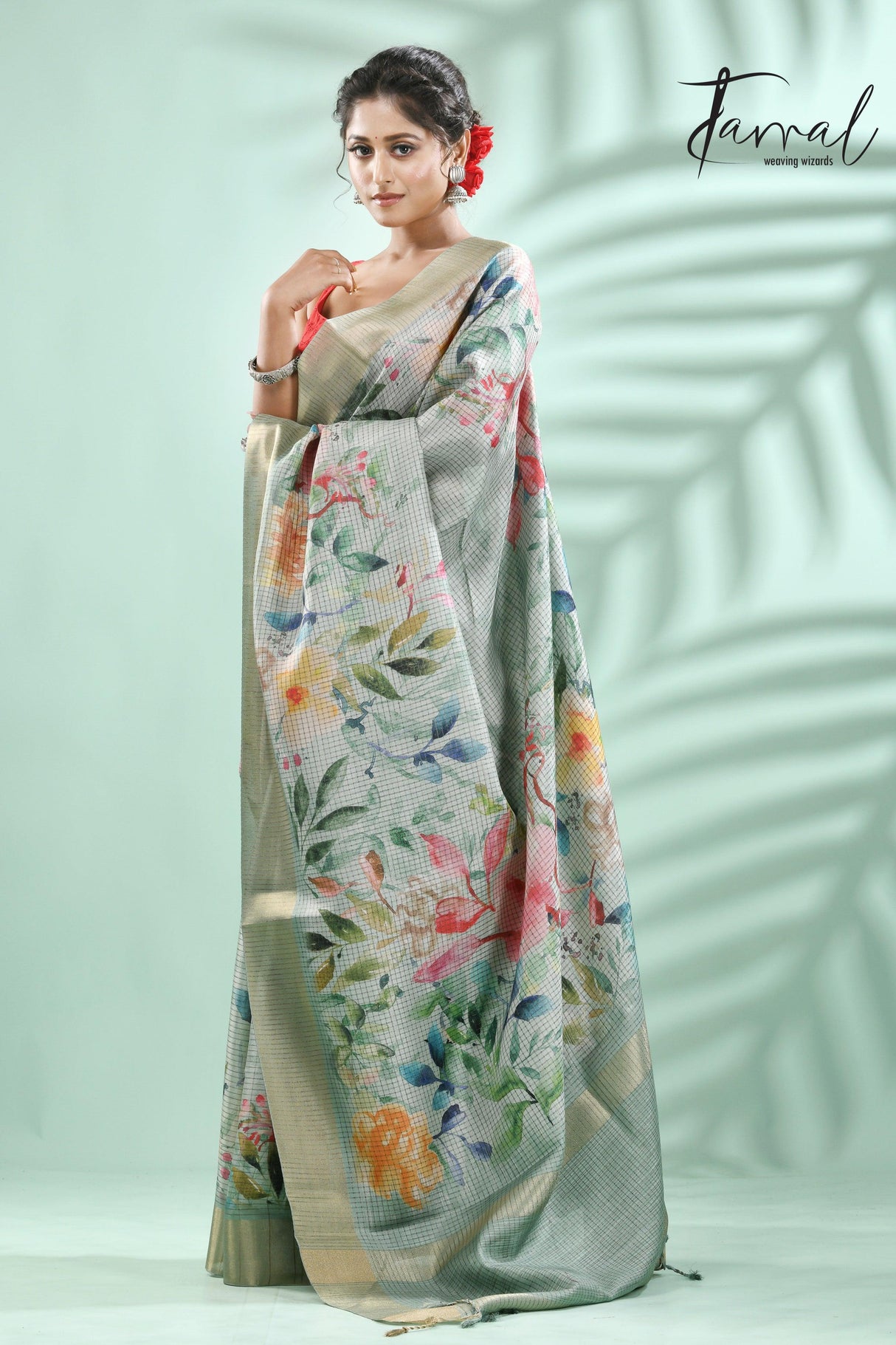 Pista Green with zari border tusser cotton floral hand painted zari check saree - Tamal Boutique