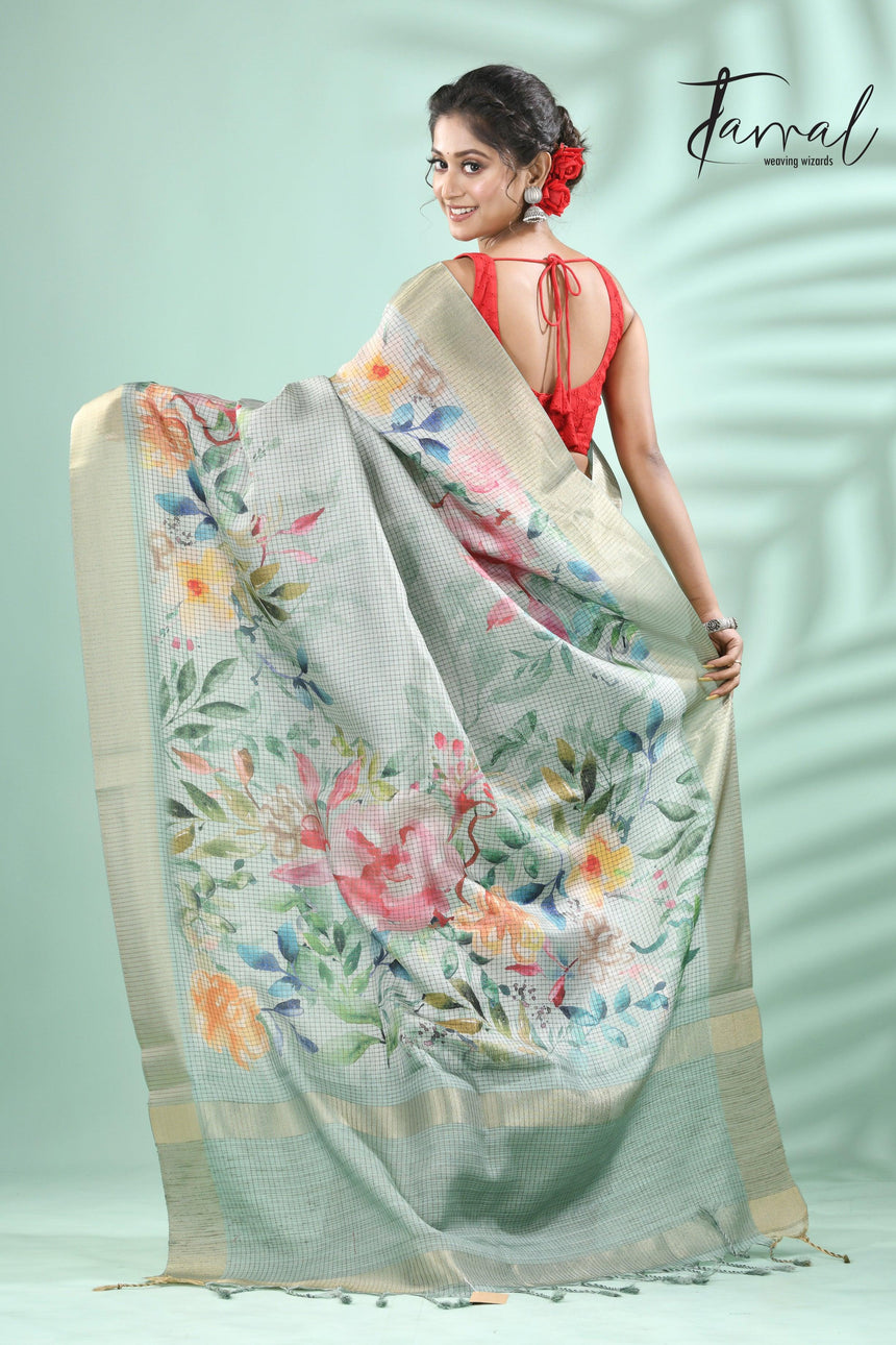 Pista Green with zari border tusser cotton floral hand painted zari check saree - Tamal Boutique