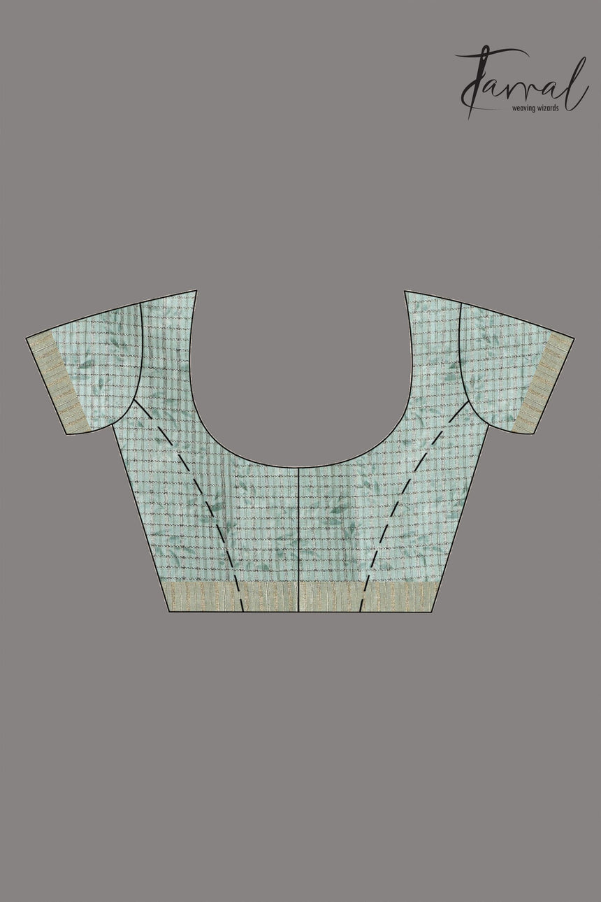 Pista Green with zari border tusser cotton floral hand painted zari check saree - Tamal Boutique