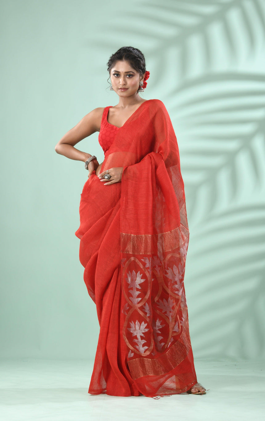Red Lotus pallu silk linen handwoven jamdani saree - Tamal Boutique
