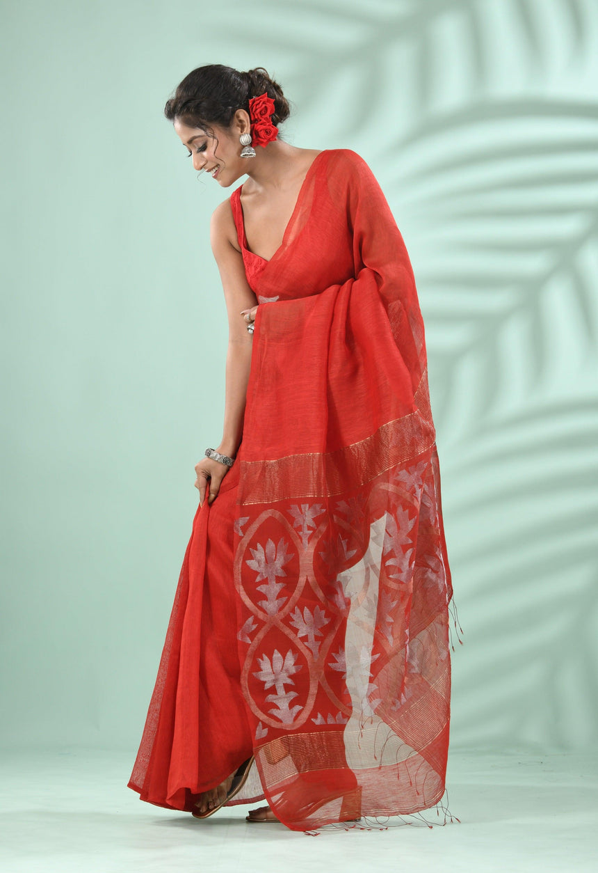 Red Lotus pallu silk linen handwoven jamdani saree - Tamal Boutique