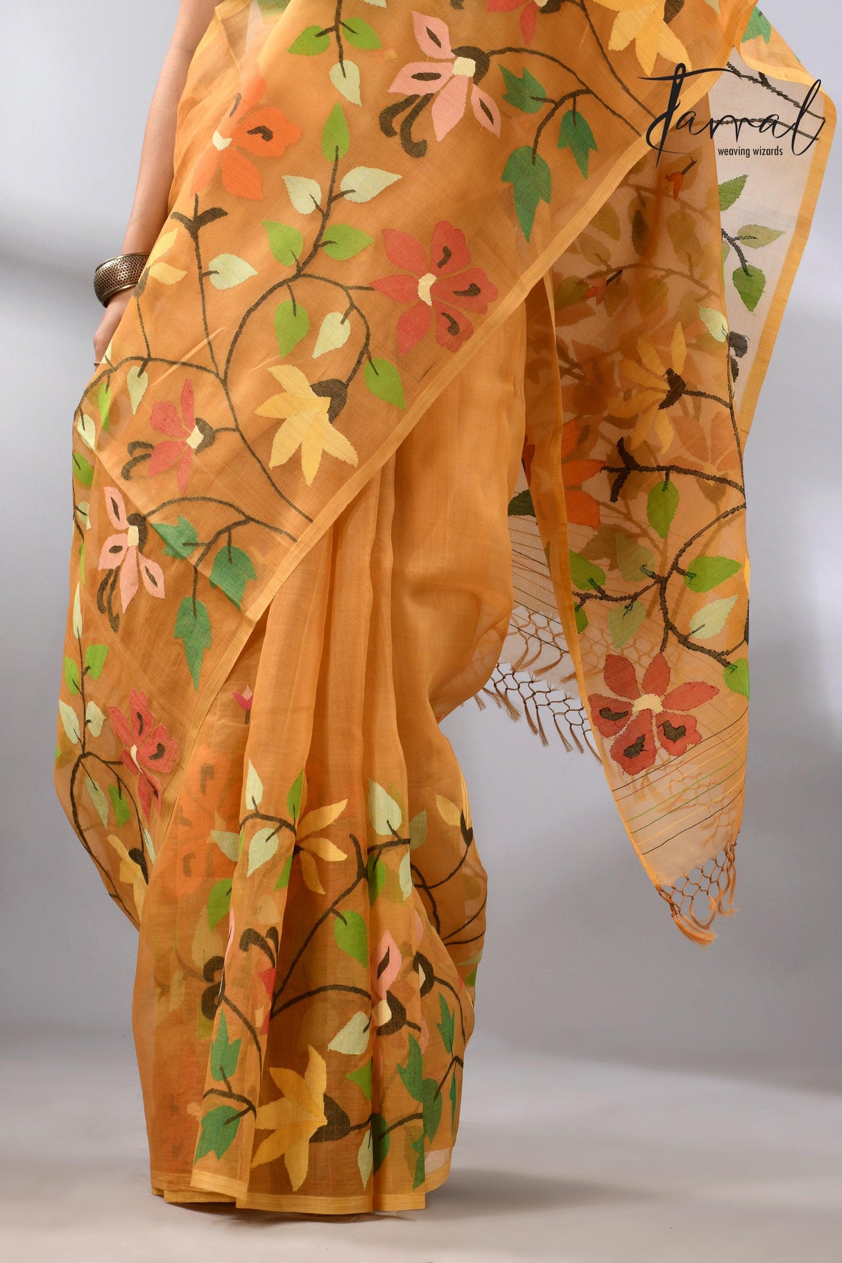 Golden yellow with multi colour floral skirt border allover handwoven muslin silk jamdani saree - Tamal Boutique