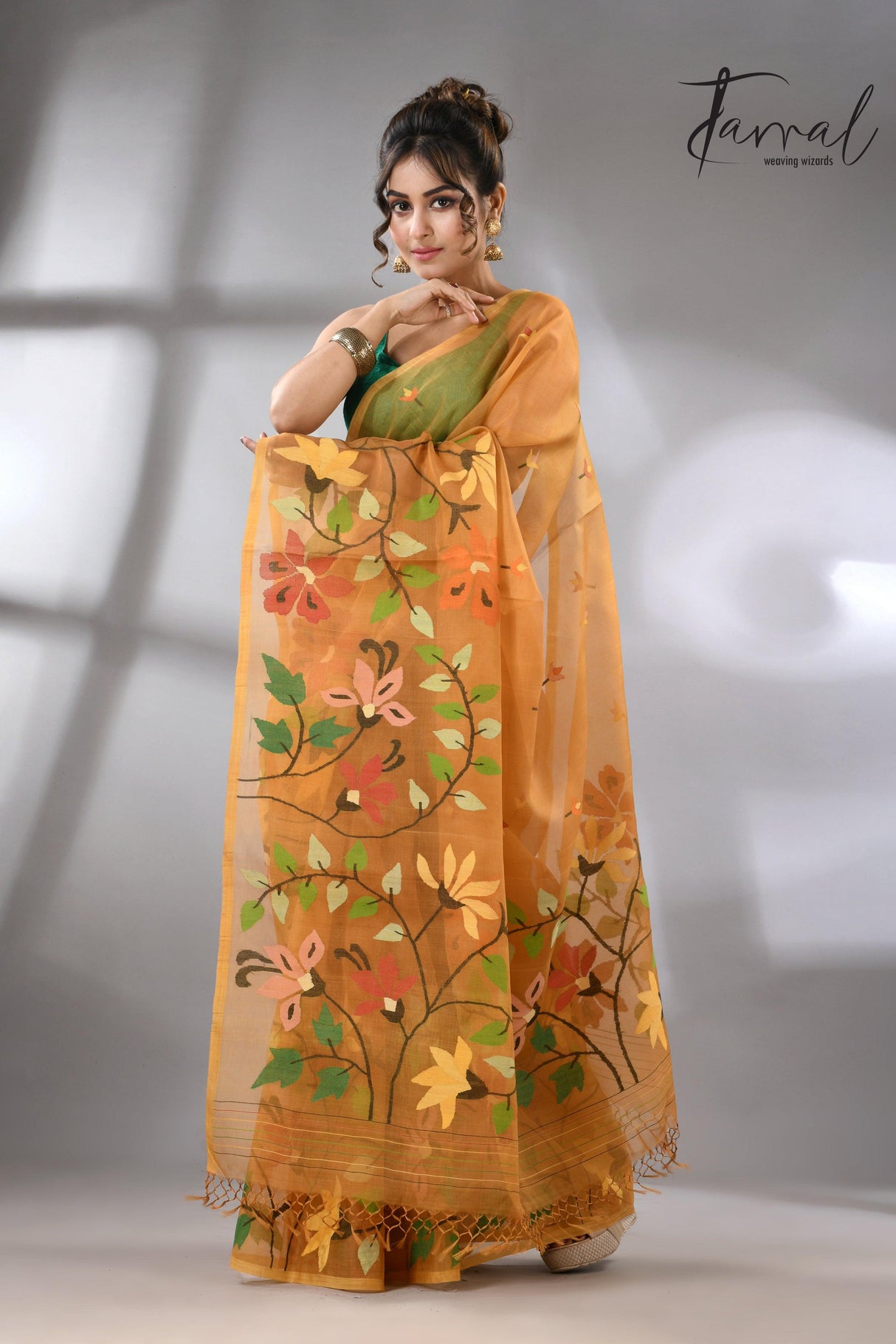 Golden yellow with multi colour floral skirt border allover handwoven muslin silk jamdani saree - Tamal Boutique