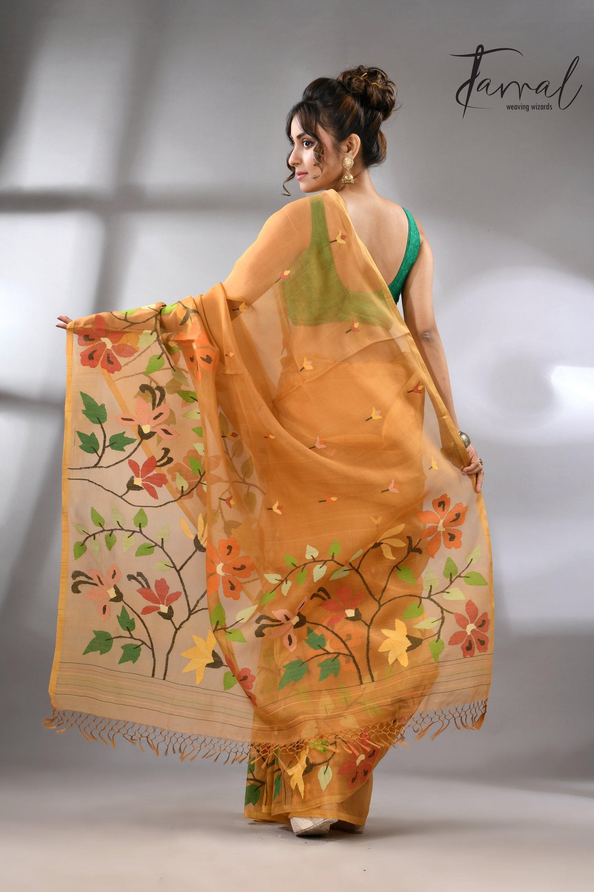 Golden yellow with multi colour floral skirt border allover handwoven muslin silk jamdani saree - Tamal Boutique