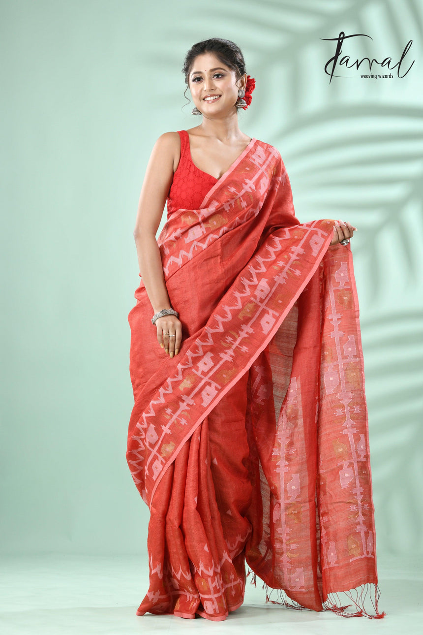 Red colour traditional Tussar silk handwoven jamdani saree - Tamal Boutique