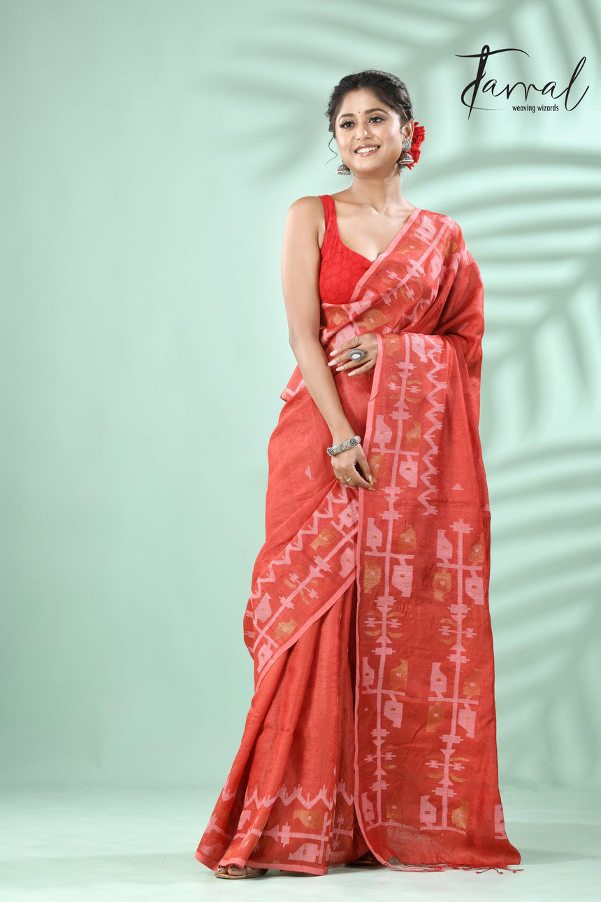 Red colour traditional Tussar silk handwoven jamdani saree - Tamal Boutique