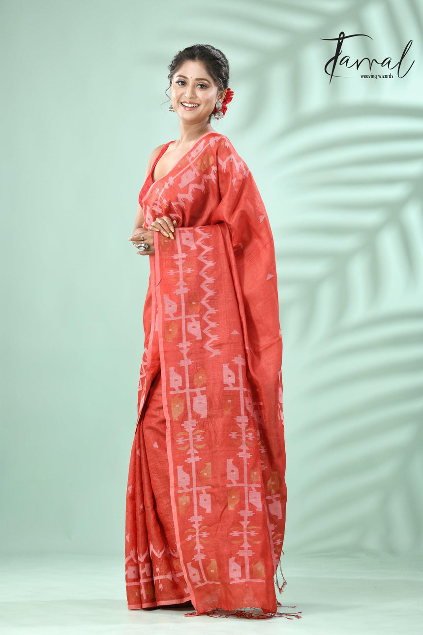 Red colour traditional Tussar silk handwoven jamdani saree - Tamal Boutique