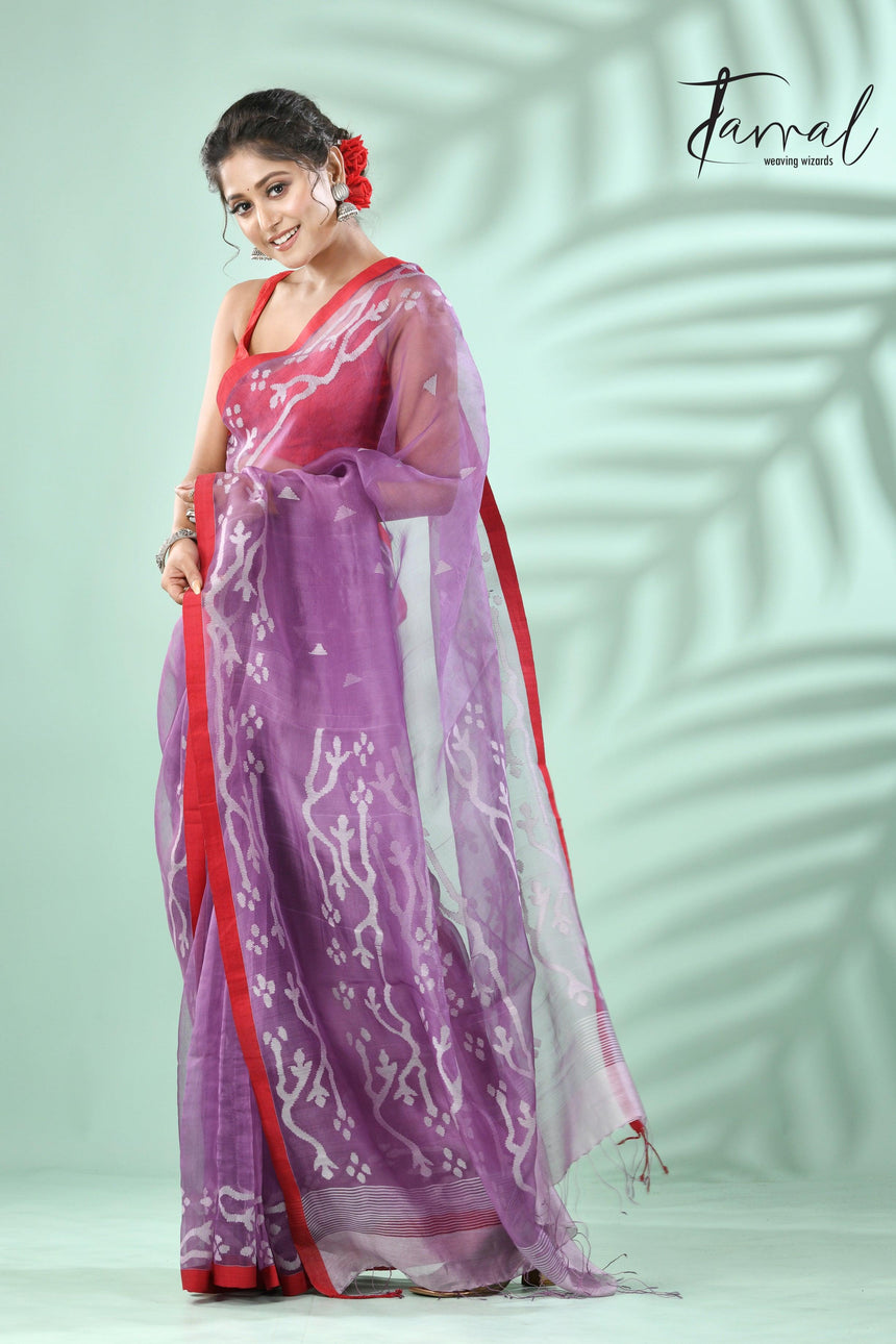 Lavender with red border traditional design muslin silk handwoven jamdani saree - Tamal Boutique