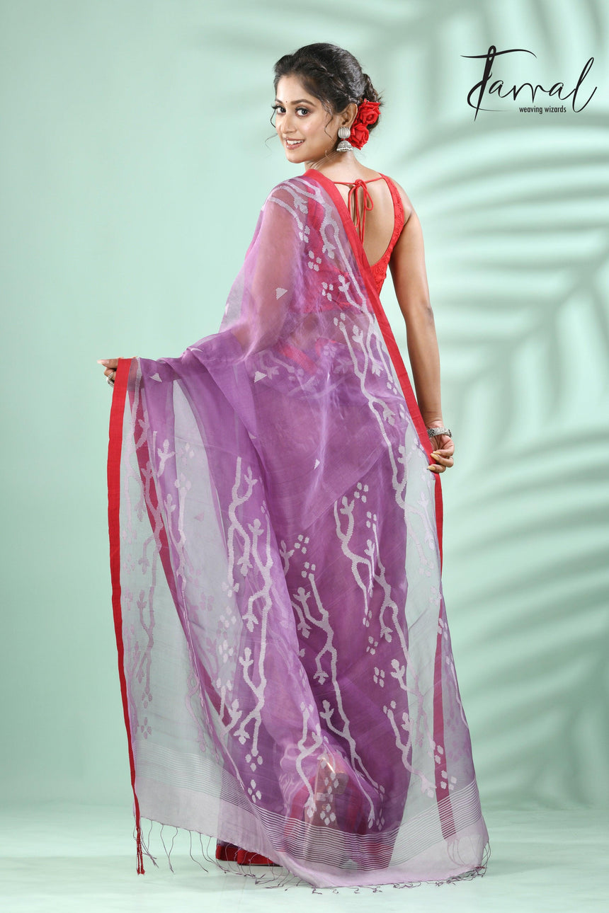 Lavender with red border traditional design muslin silk handwoven jamdani saree - Tamal Boutique