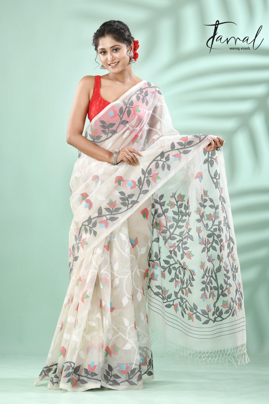 Offwhite with multi colour allover floral muslin silk handwoven jamdani saree - Tamal Boutique