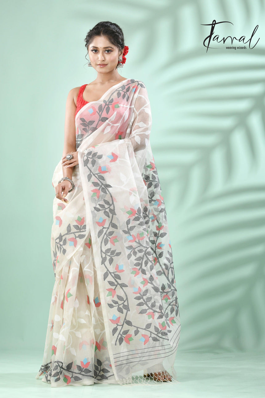 Offwhite with multi colour allover floral muslin silk handwoven jamdani saree - Tamal Boutique