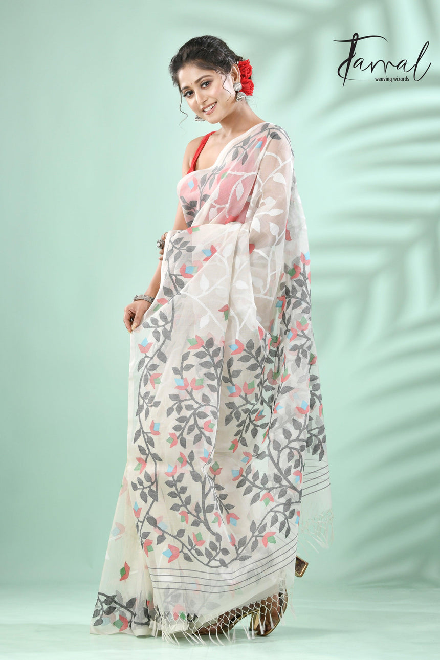 Offwhite with multi colour allover floral muslin silk handwoven jamdani saree - Tamal Boutique
