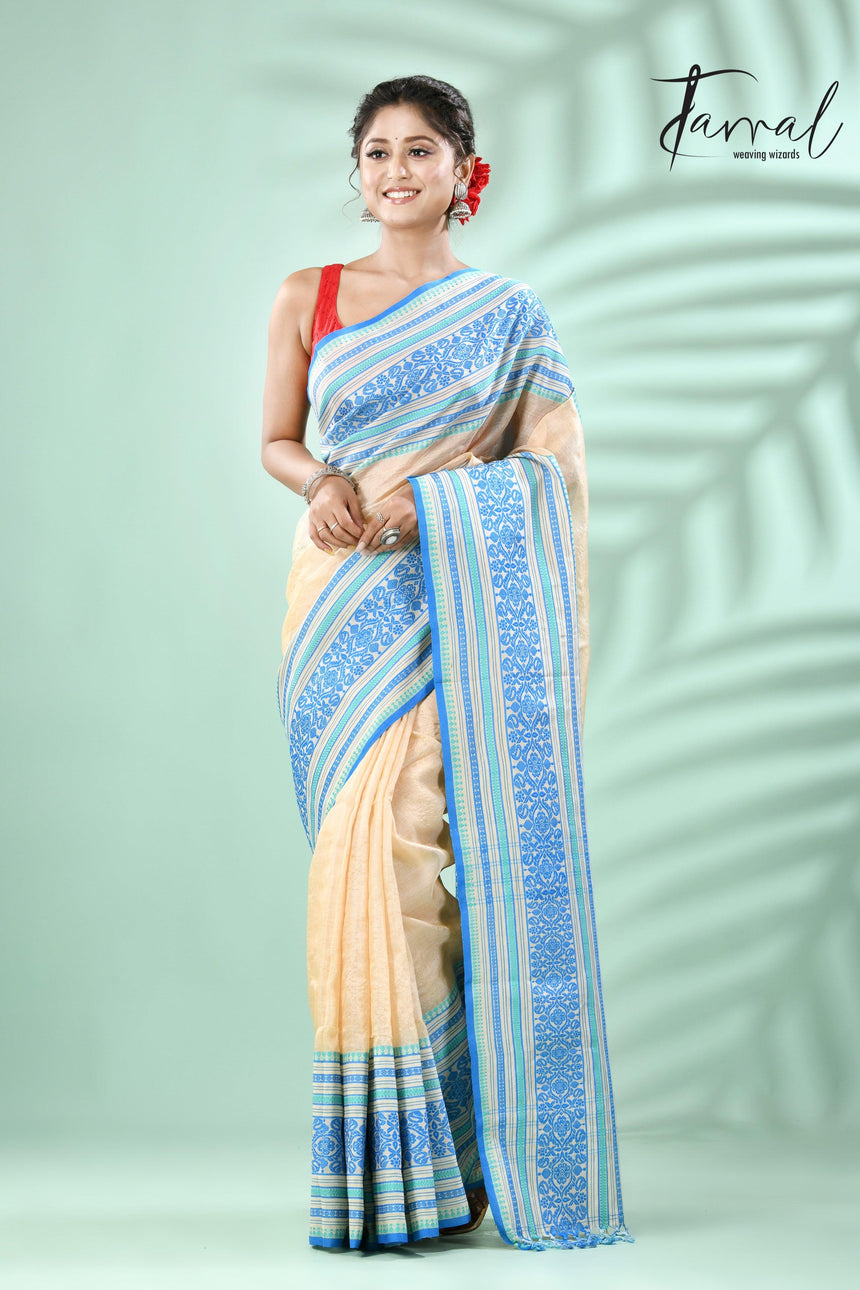 light muga with sky & sea green border tussar silk handloom Mahapar saree - Tamal Boutique
