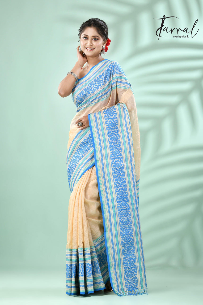 light muga with sky & sea green border tussar silk handloom Mahapar saree - Tamal Boutique