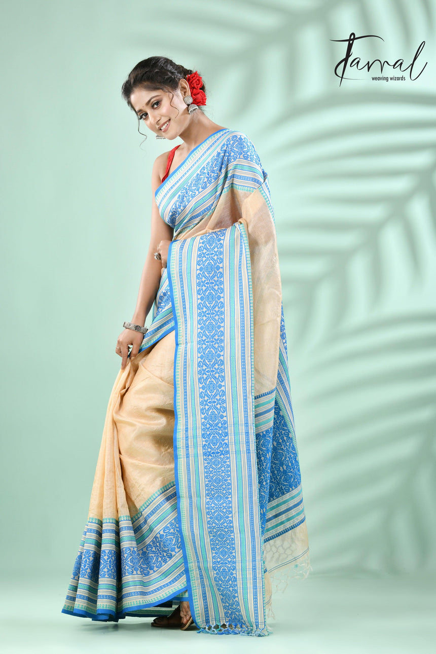 light muga with sky & sea green border tussar silk handloom Mahapar saree - Tamal Boutique