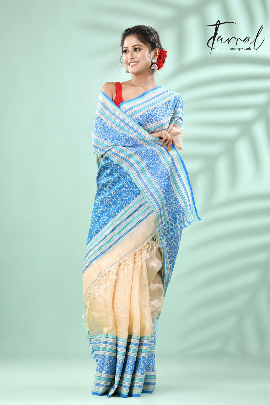 light muga with sky & sea green border tussar silk handloom Mahapar saree - Tamal Boutique
