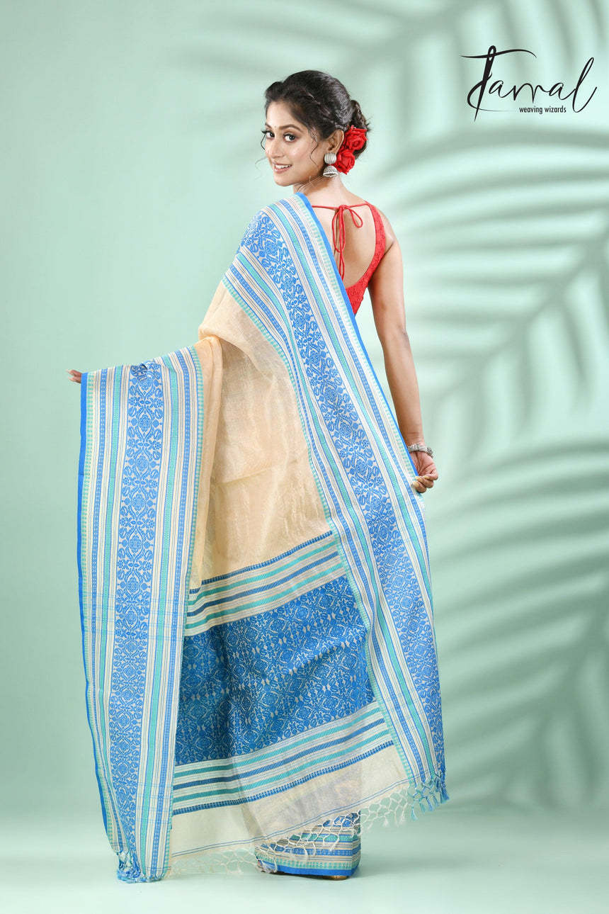 light muga with sky & sea green border tussar silk handloom Mahapar saree - Tamal Boutique