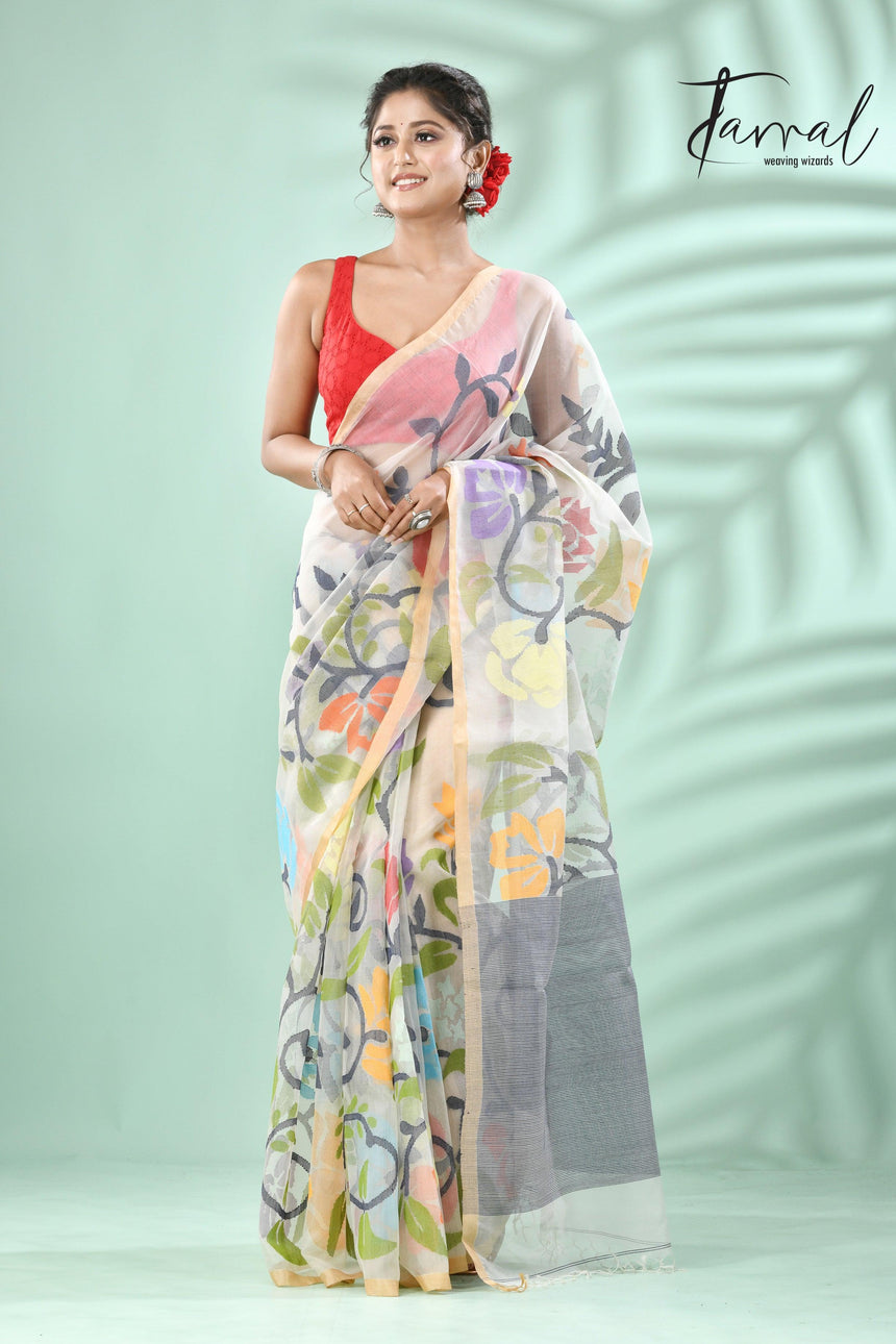 Off white with rainbow matching allover floral handwoven muslin silk jamdani saree - Tamal Boutique