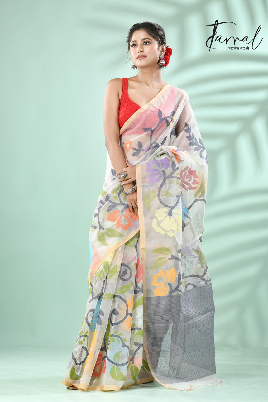 Off white with rainbow matching allover floral handwoven muslin silk jamdani saree - Tamal Boutique