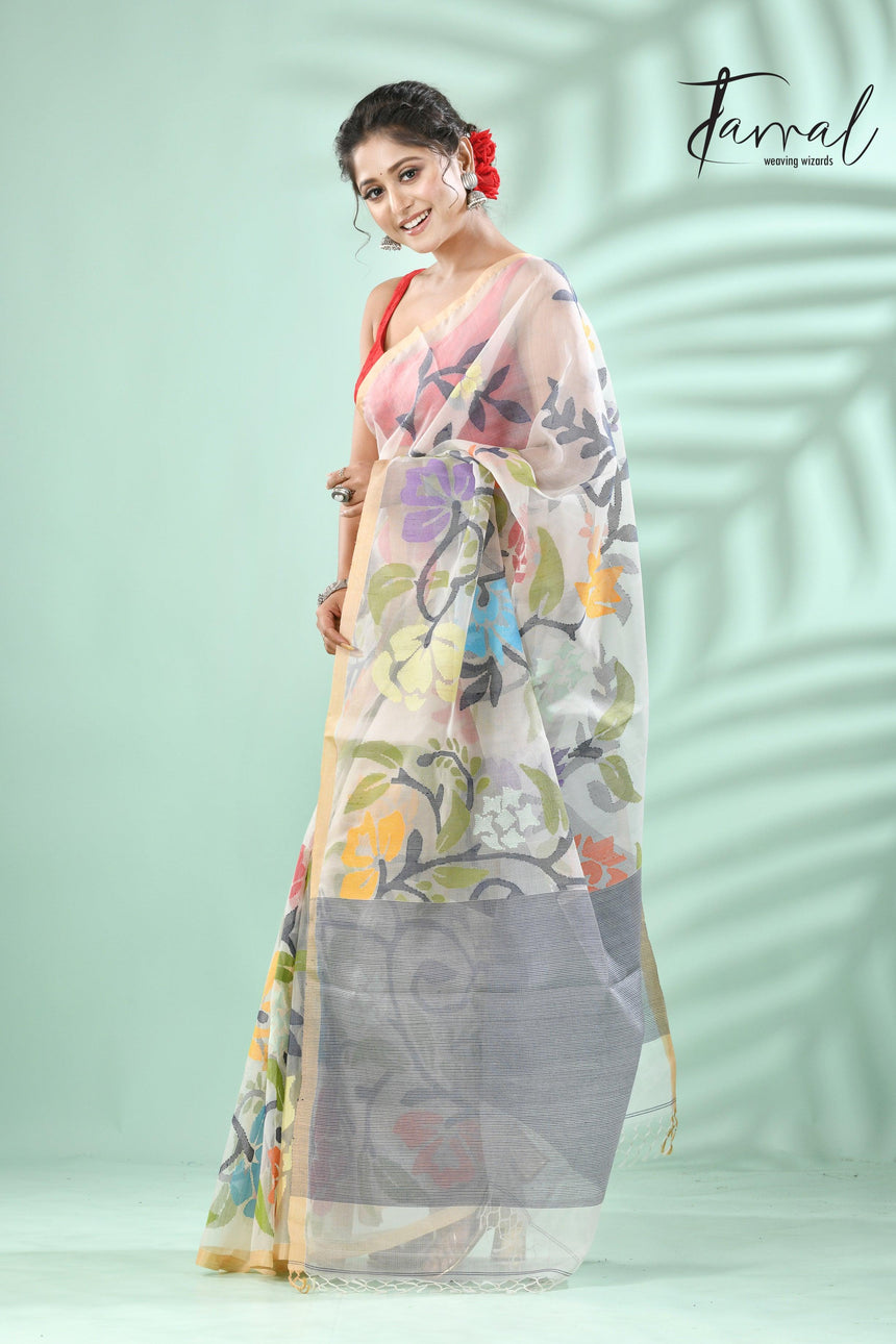 Off white with rainbow matching allover floral handwoven muslin silk jamdani saree - Tamal Boutique