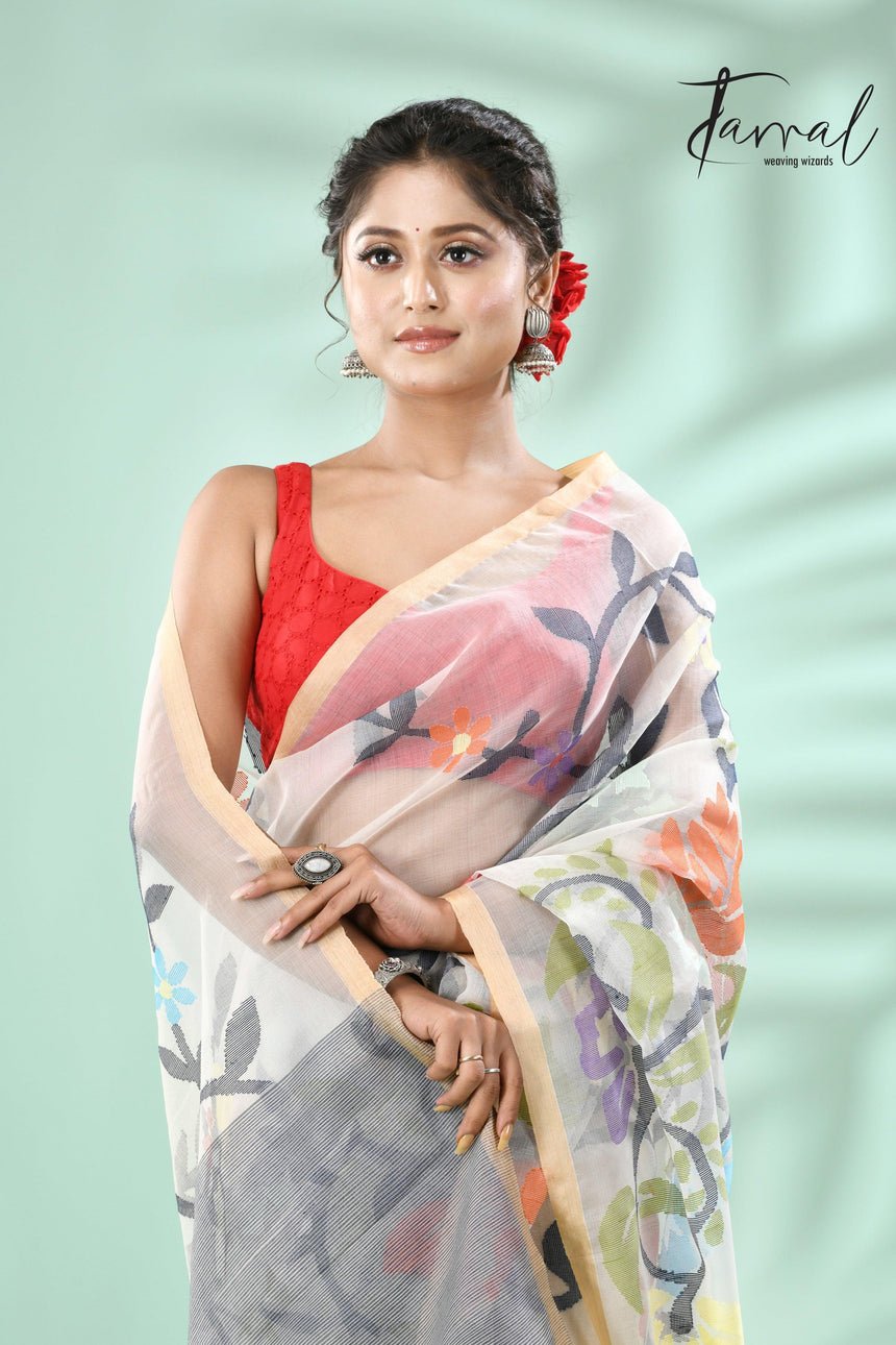 Off white with rainbow matching allover floral handwoven muslin silk jamdani saree - Tamal Boutique