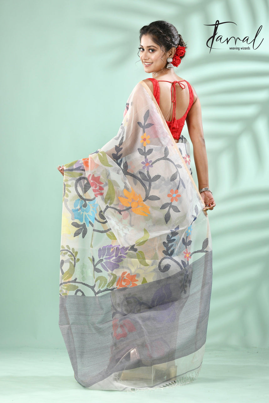 Off white with rainbow matching allover floral handwoven muslin silk jamdani saree - Tamal Boutique