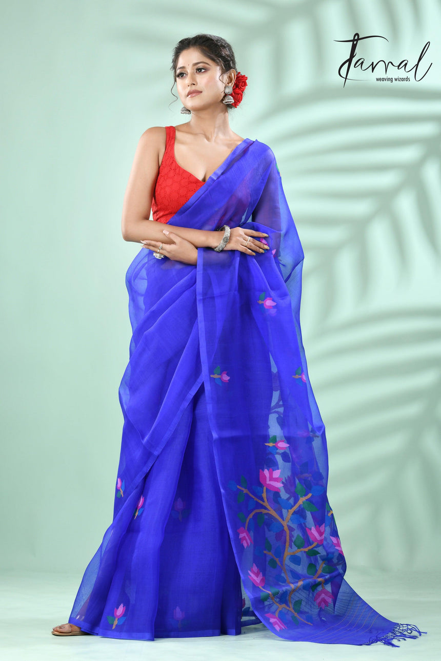 Royal blue floral muslin silk handwoven jamdani saree - Tamal Boutique