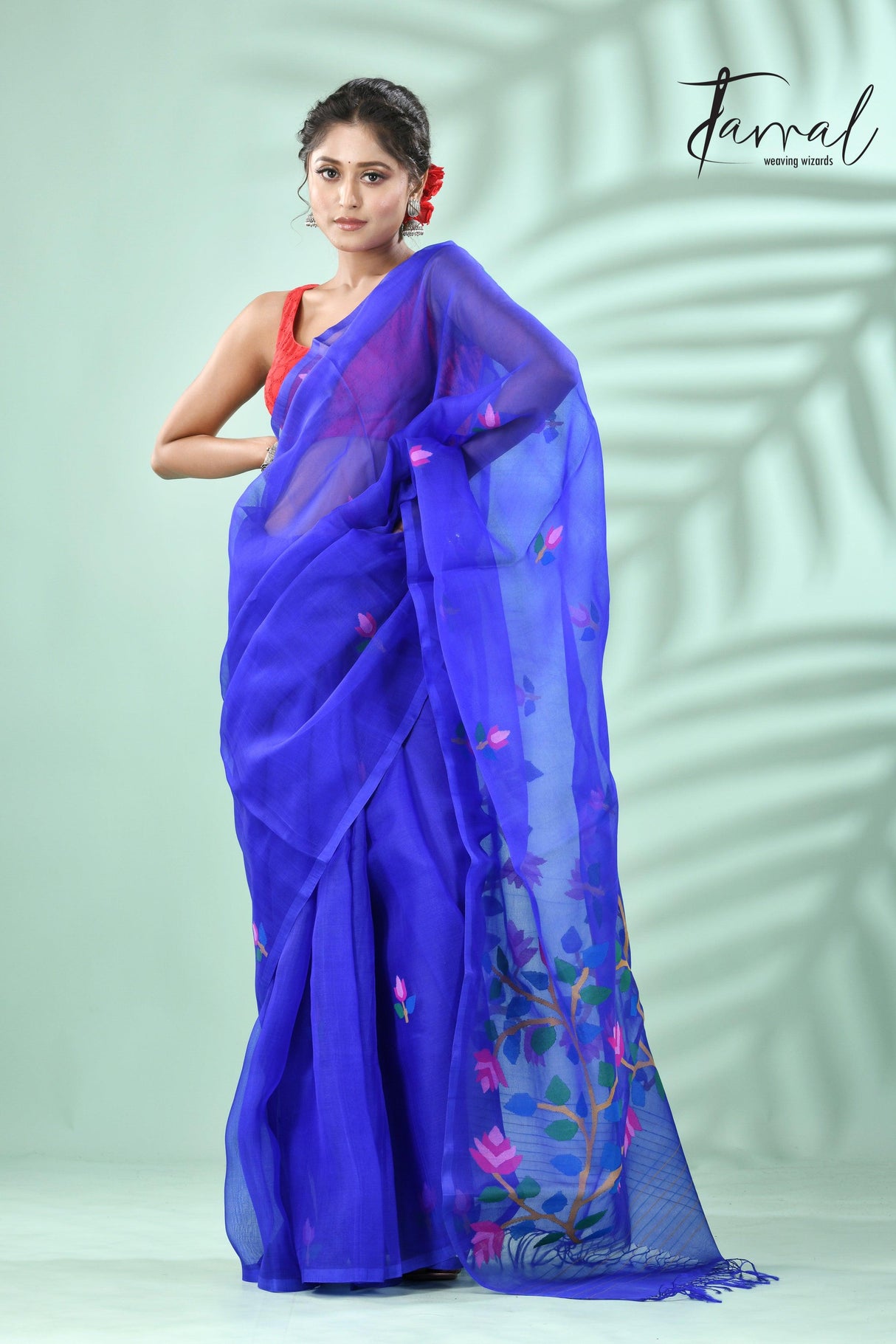 Royal blue floral muslin silk handwoven jamdani saree - Tamal Boutique