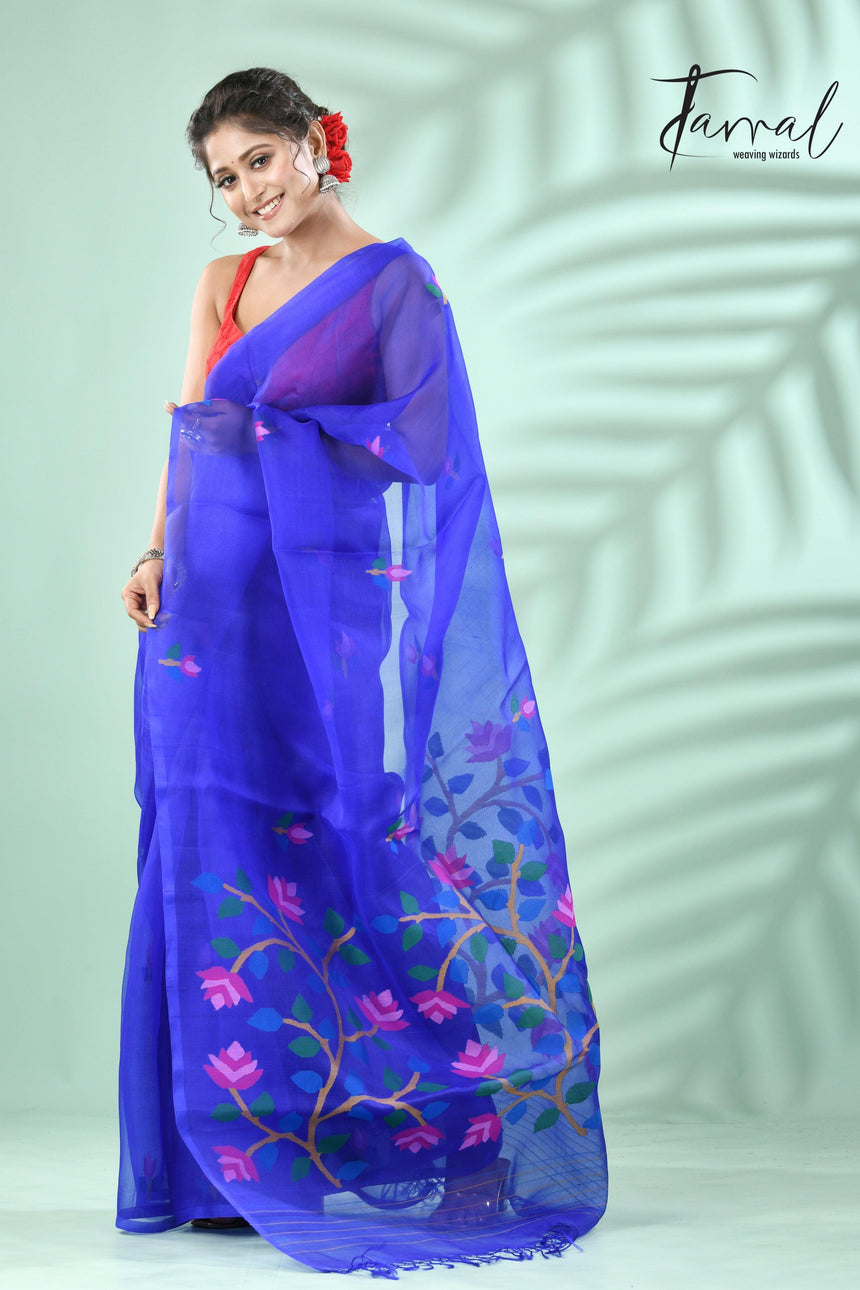 Royal blue floral muslin silk handwoven jamdani saree - Tamal Boutique
