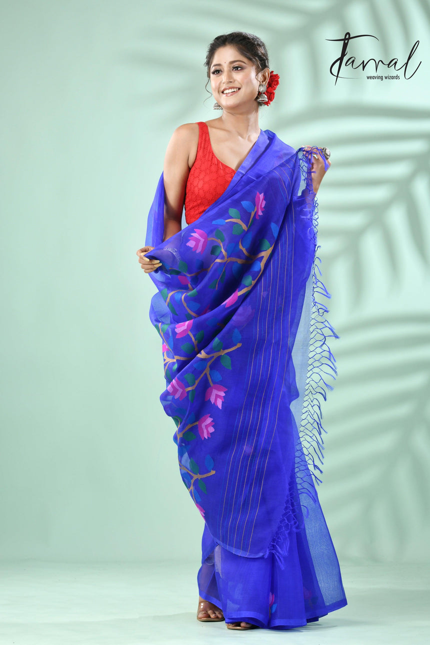 Royal blue floral muslin silk handwoven jamdani saree - Tamal Boutique