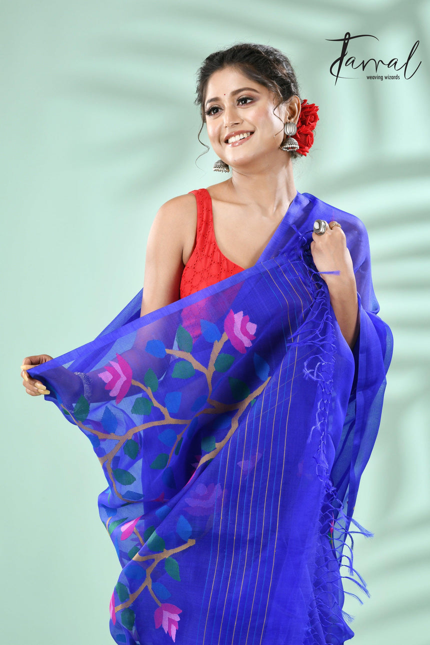 Royal blue floral muslin silk handwoven jamdani saree - Tamal Boutique