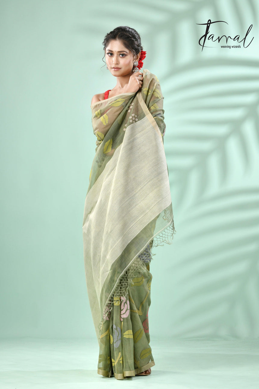 Moss Green rose motifs allover muslin silk hand woven jamdani saree - Tamal Boutique