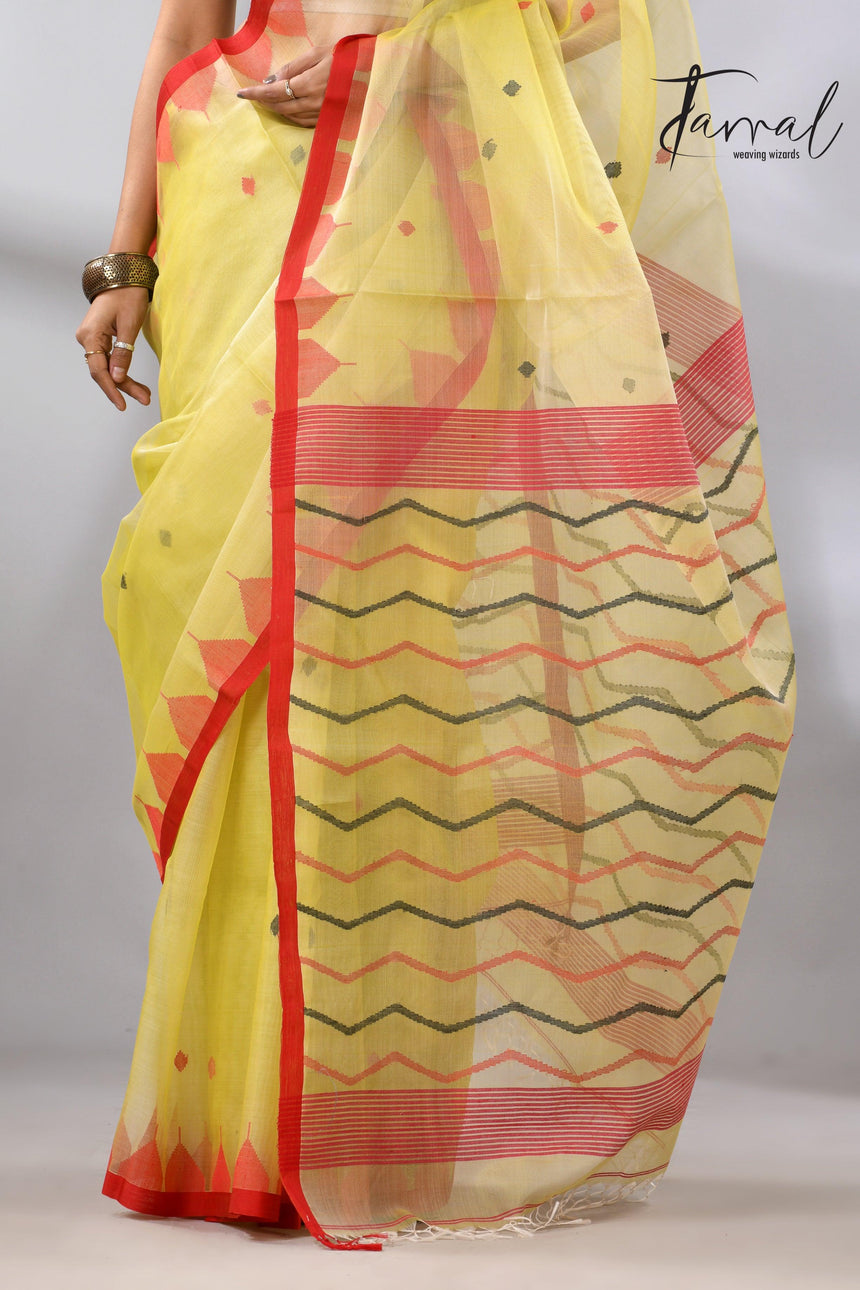 Lemon Yellow with red temple border muslin silk handwoven neddle work jamdani saree - Tamal Boutique